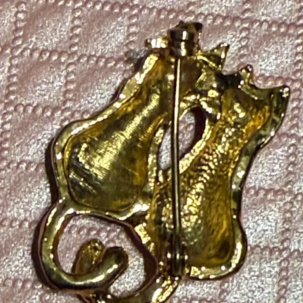 Cat Brooch - Black and Cream with Rhinestones in Gold Tone
